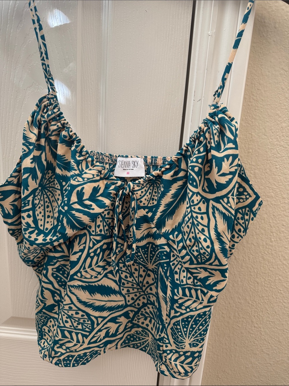 Teal and Cream Leaf Print Women's Top